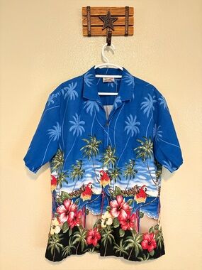 VTG Evergreen Island Hawaii Shirt Large Blue Macaw Tropical Floral Hibiscus XL